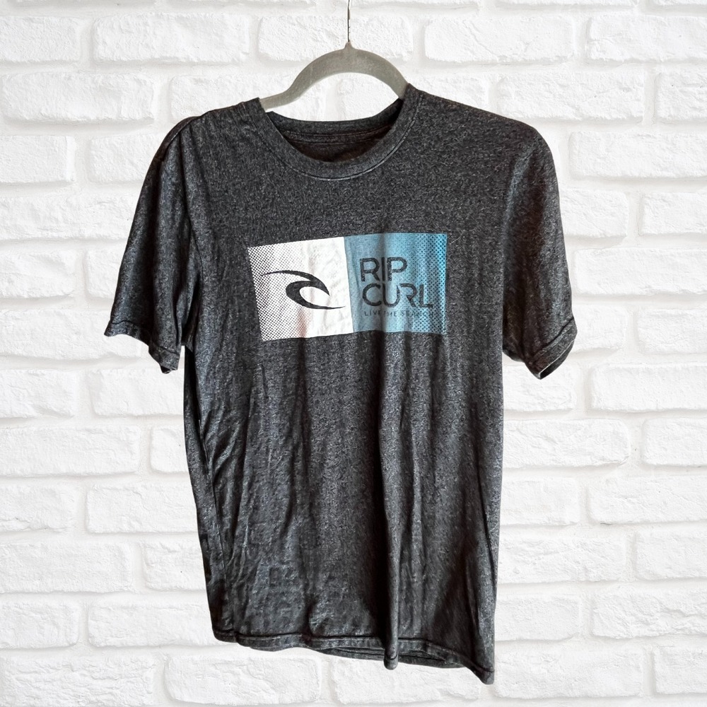 Rip Curl Gray Box Logo T-Shirt, Vintage Faded Blue & White Graphic, Casual Wear